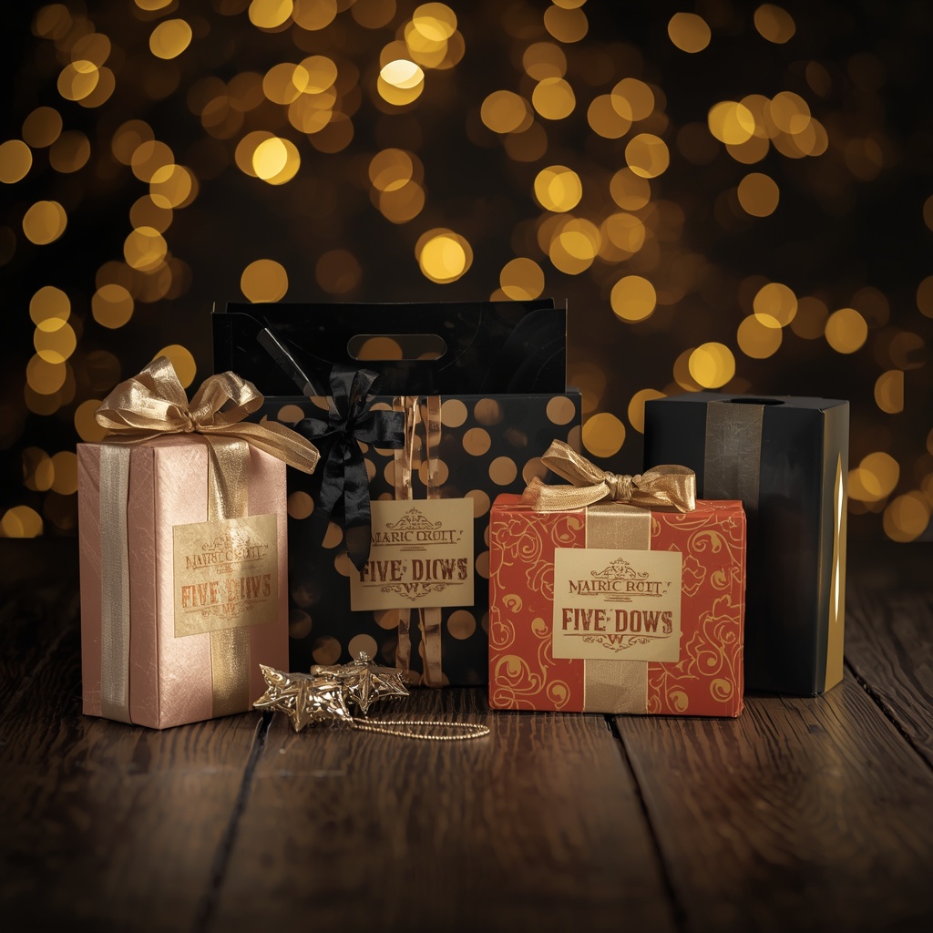 Exclusive discount cards and promotional gift boxes arranged on a dark wooden table with golden lighting and bokeh background